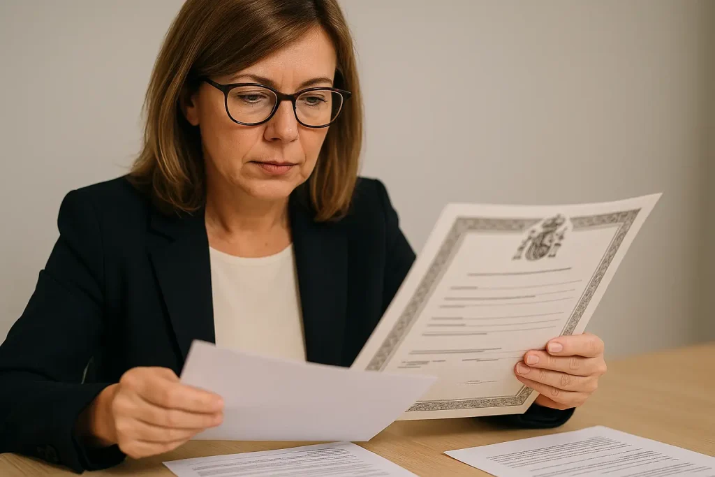 Gestores administrativos colegiados revisando documentación y certificados oficiales