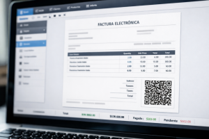 Pantalla de software de facturación mostrando factura electrónica con código QR Verifactu