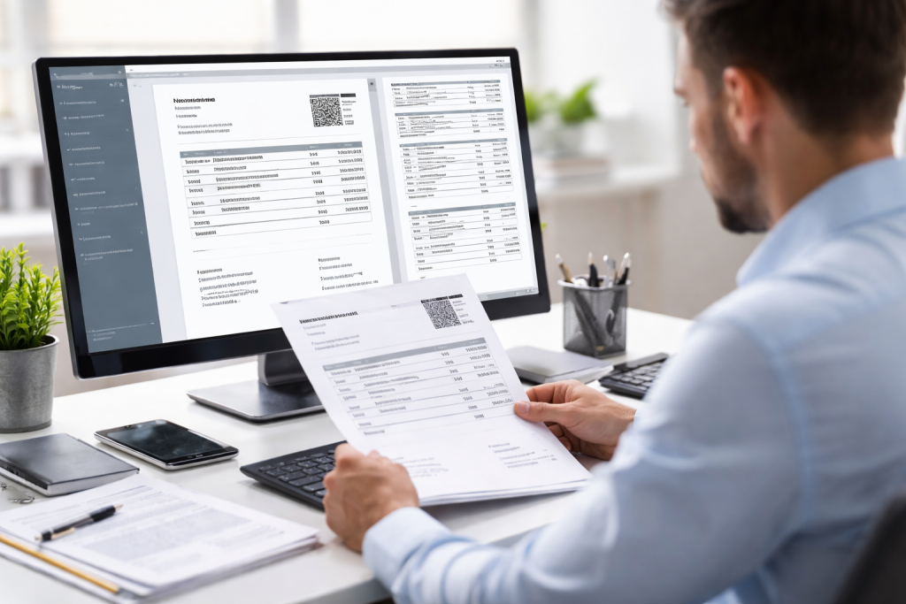 Profesional revisando facturas electrónicas en ordenador con sistema Verifactu