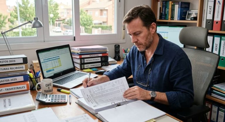Autónomo revisando documentos fiscales y contables en su escritorio