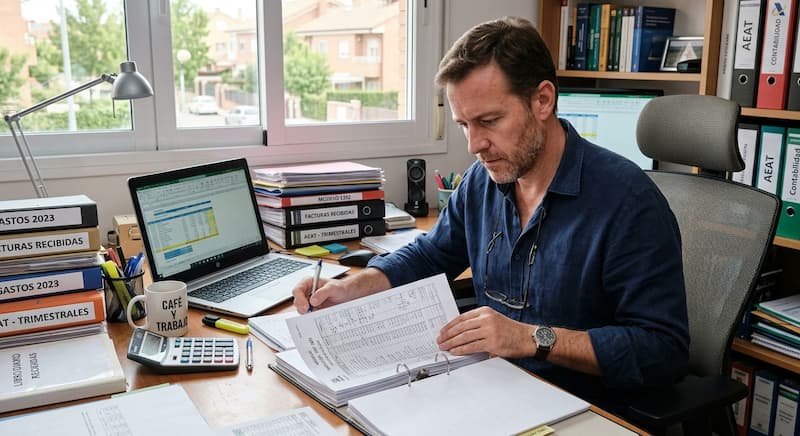 Autónomo revisando documentos fiscales y contables en su escritorio