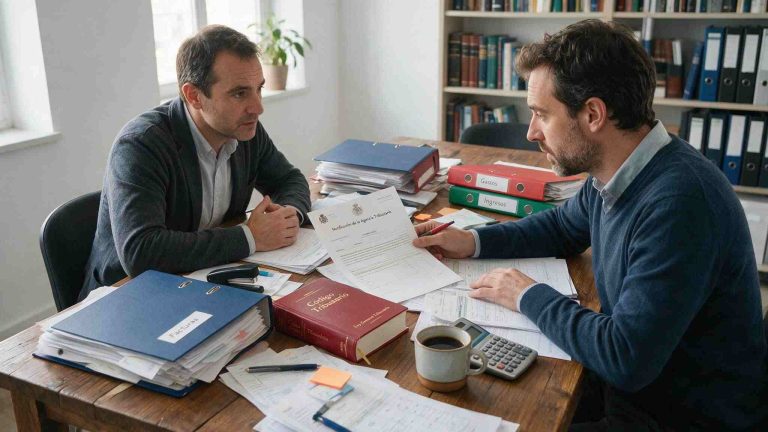 Autónomo revisando una inspección de Hacienda con un asesor fiscal